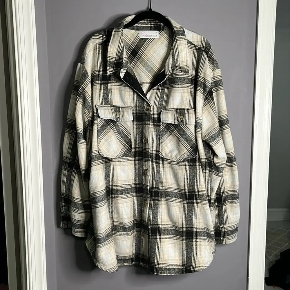 Boutique Black Tan Plaid Button Down Shacket Pockets 2X